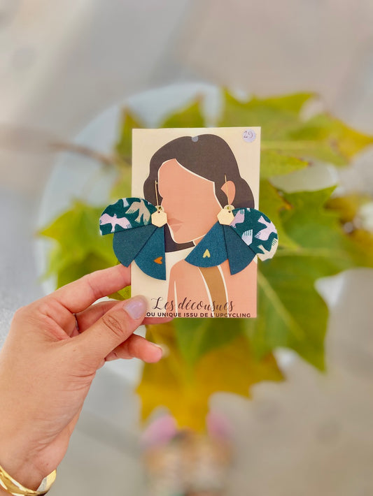 Boucles-d'oreilles "Envol" en tissus revalorisés - Tons Bleus