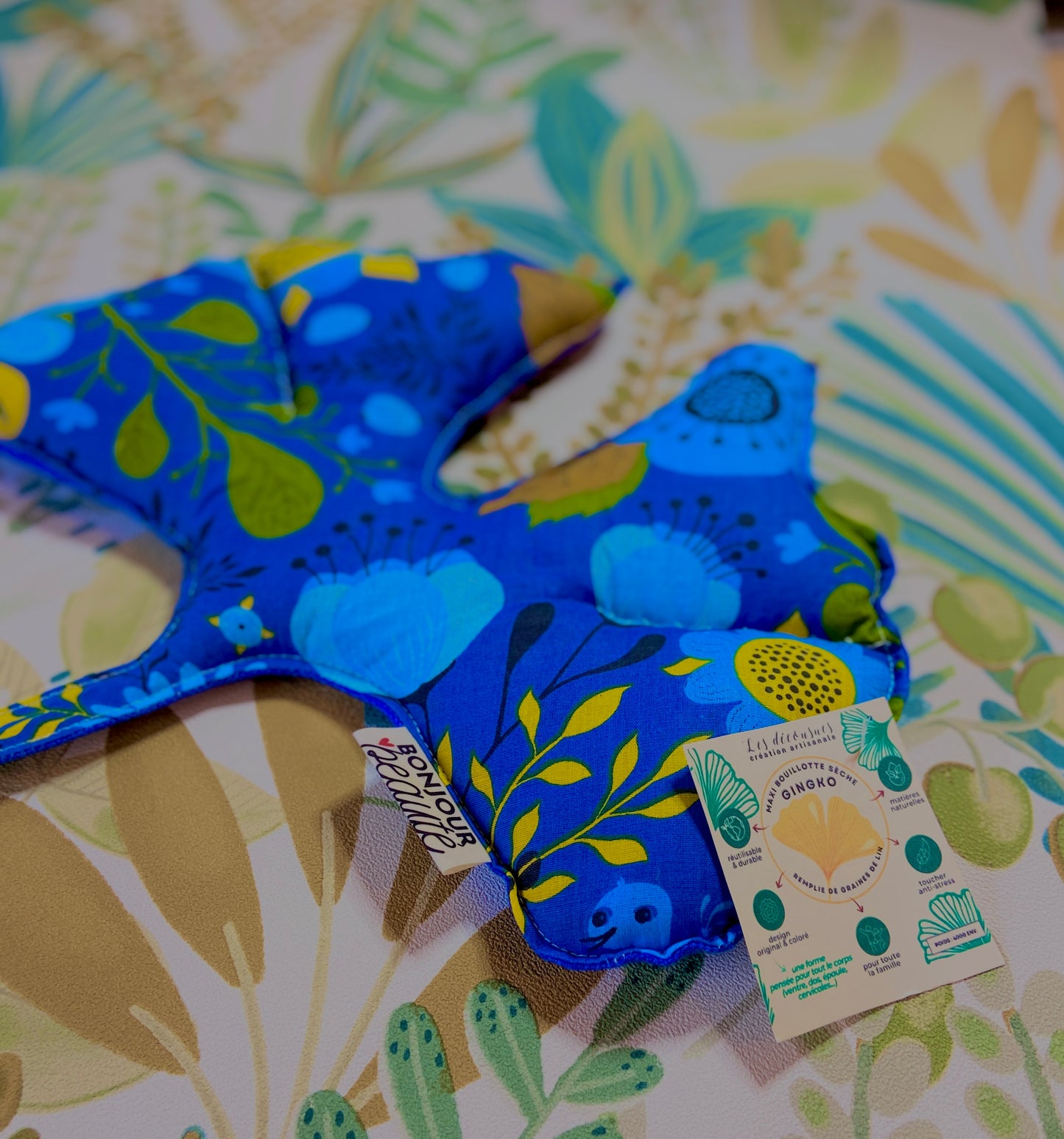 Maxi-Bouillotte sèche – Forme feuille de Ginkgo - Floral jaune & bleu
