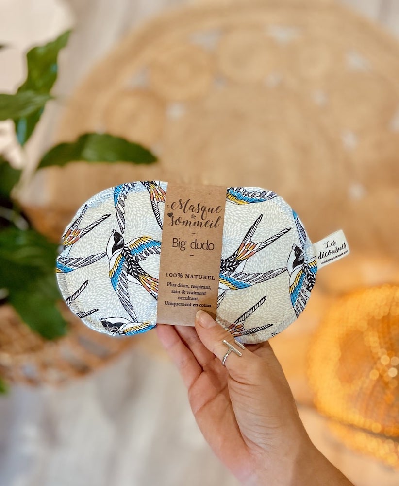 Masque sommeil occultant coton bio naturel artisanal pour nuit, sieste, et voyage